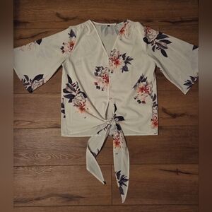 Floral Tie-Front Blouse - White, Coral and Navy